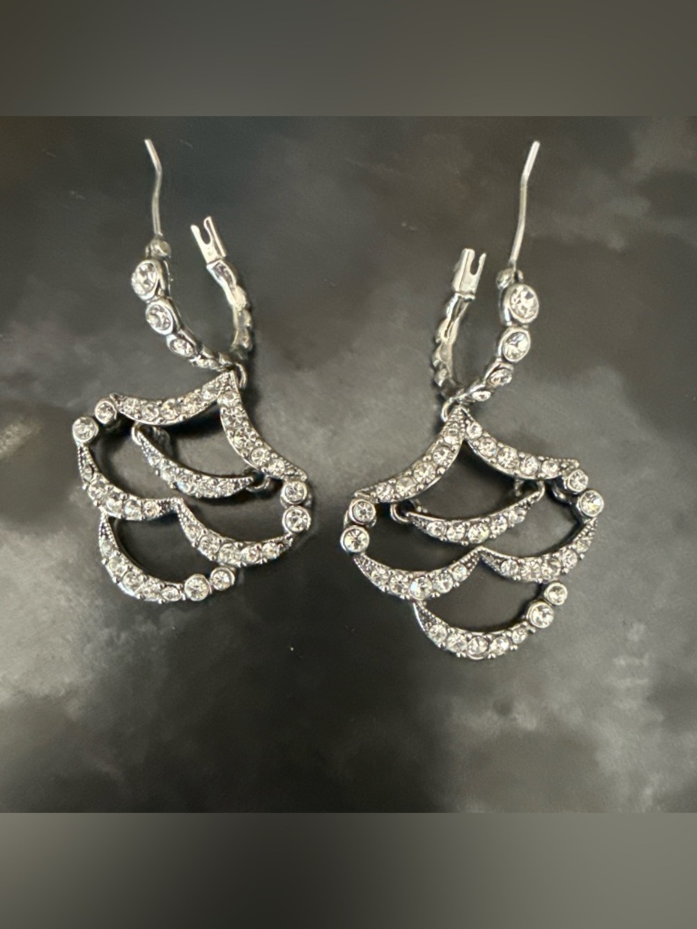 Monet Rhinestone Silver-Tone Huggie Earrings with Fan Shaped Dangle - Elegant